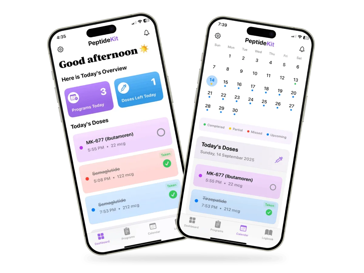 PeptideKit app interface showing peptide therapy tracking